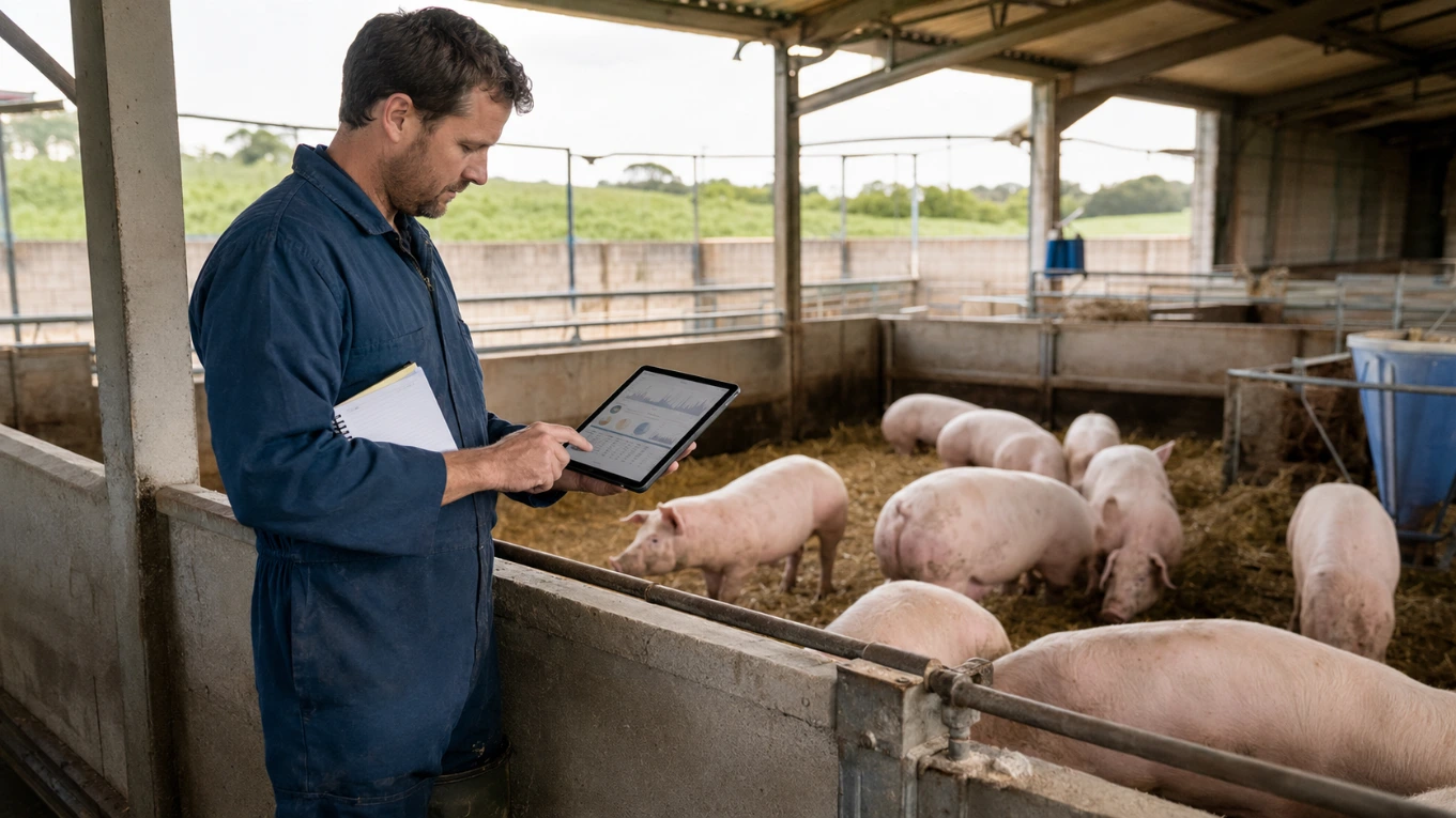 Pig farmer testing pig management software while checking animals in a farm pen